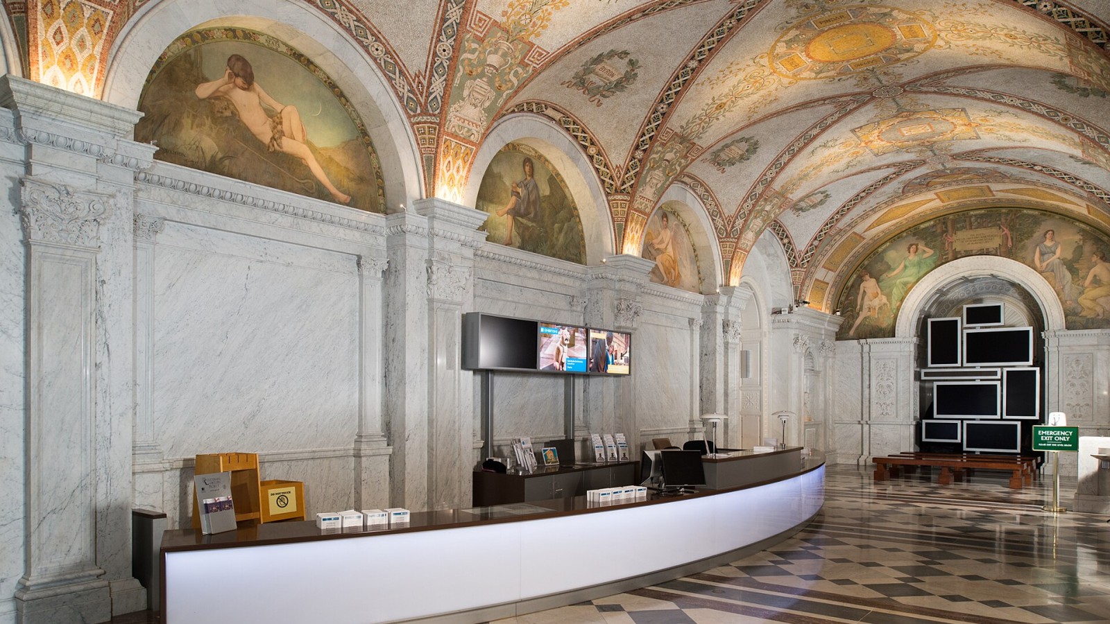 AOC plumbers installed a fire protection system seamlessly into the historic fabric of the Thomas Jefferson Building. Piping for the sprinklers was custom formed to follow the marble arches throughout the space and then