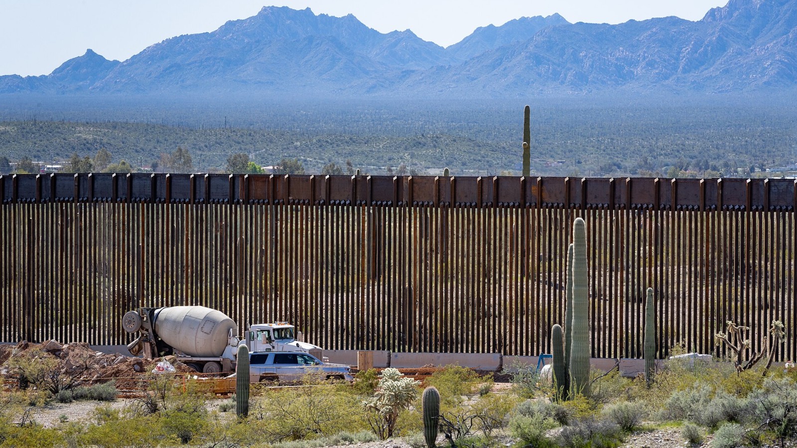 New 30' sections of bollard panels at the border west of the Port of Lukeville on March 4, 2020. The construction is part of the new border wall project and infrastructure improvements at the border near Lukeville, Arizo