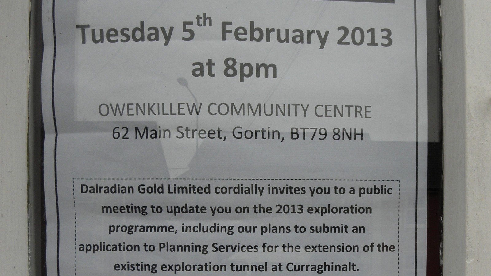 Dalradian Public Meeting notice, Gortin