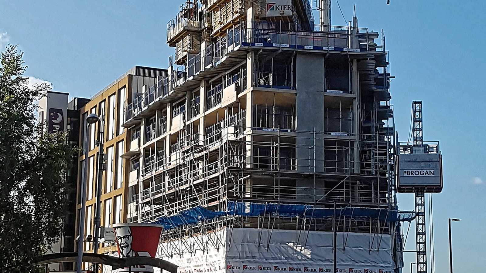 Building extension construction to the Premier Inn on Station Road, next to Tottenham Hale Retail Park at Tottenham Hale, in Haringey, London, England.Camera: Samsung Galaxy S7 Edge.Software: JPEG file lens-corrected, op