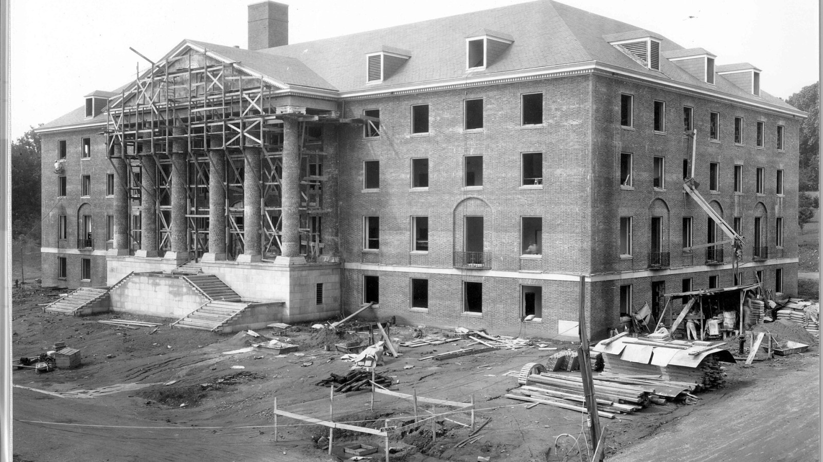 The historic core of the National Institutes of Health began to take shape in 1938. Building 1 was nearing completion in this early photograph. This building houses the Office of the Director among other administrative o