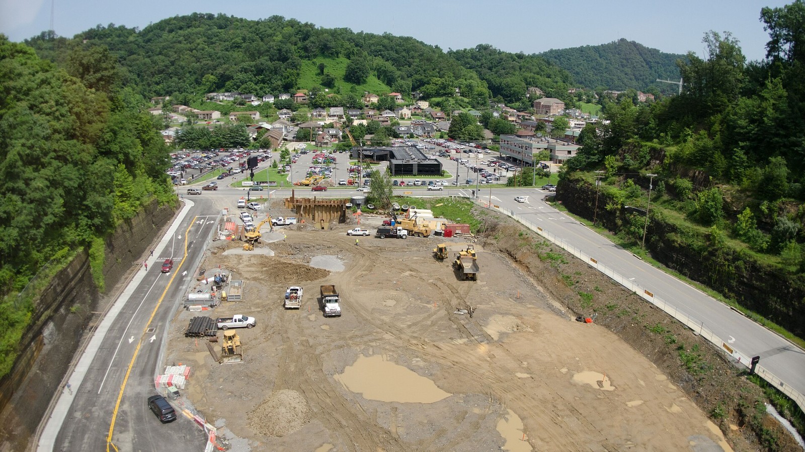 From the Pikeville Medical Center building, a portion of the U-shaped town of Pikeville can be seen beyond the above ground construction phase (foreground) of the Pikeville Medical Center (PMC) expansion project, on Tues