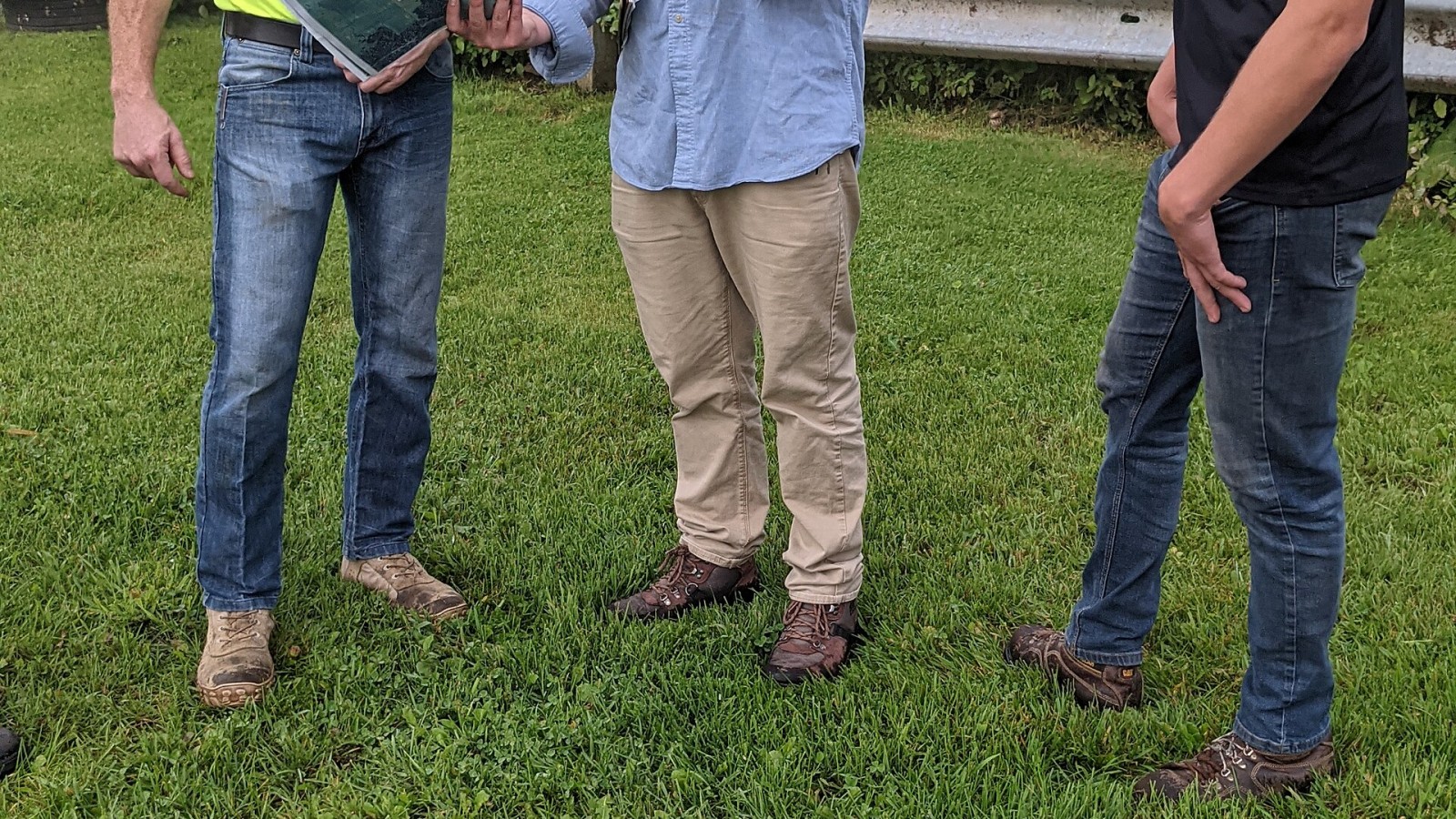 Engineer technician performing a pre-construction meeting with land manager (left). This was a joint project on a CRP Marginal Grasslands site and the Chippewa-Luce-Mackinac Conservation District. Chippewa County, MI.