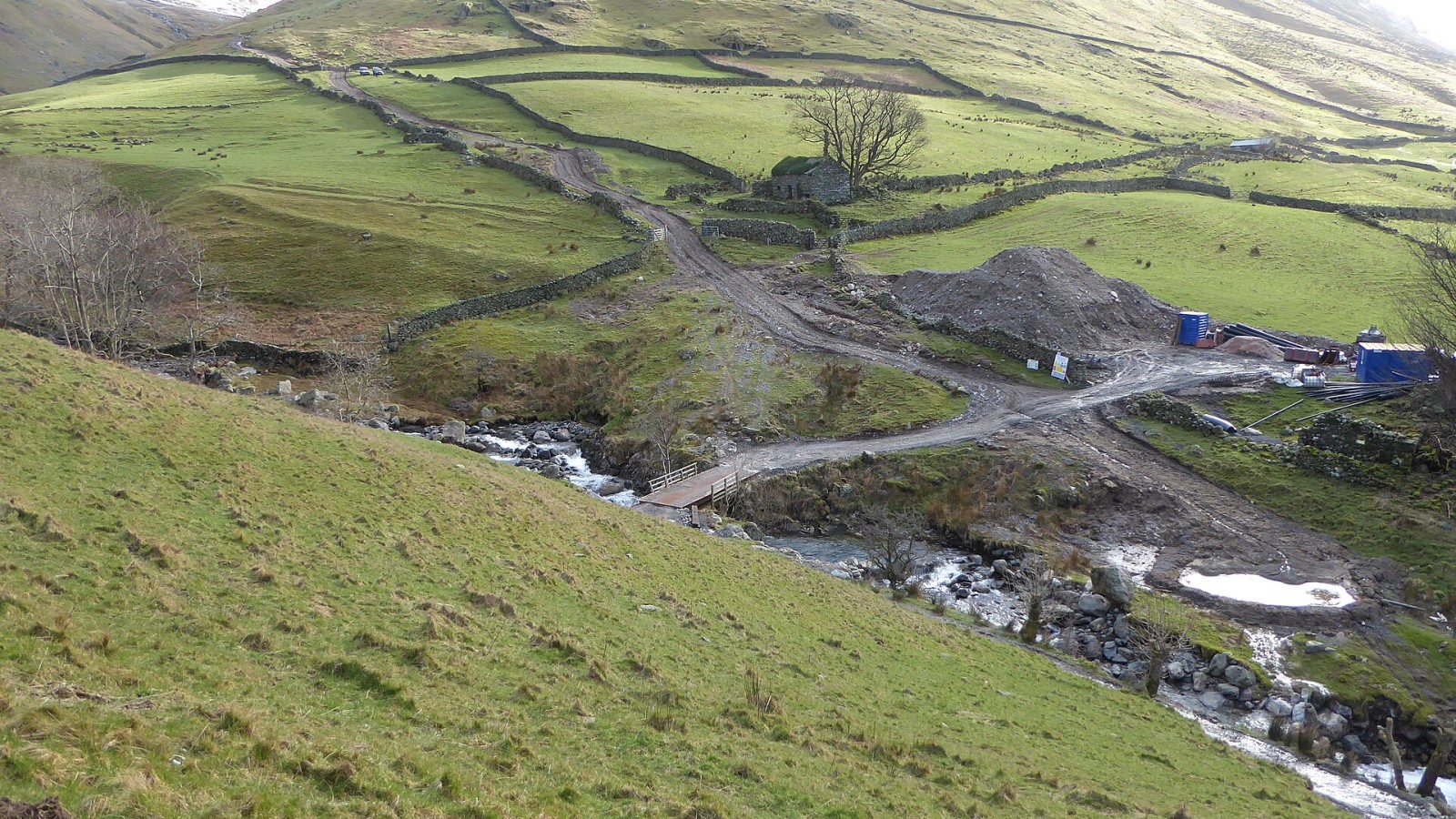 Bridge and construction site near Hayeswater Gill