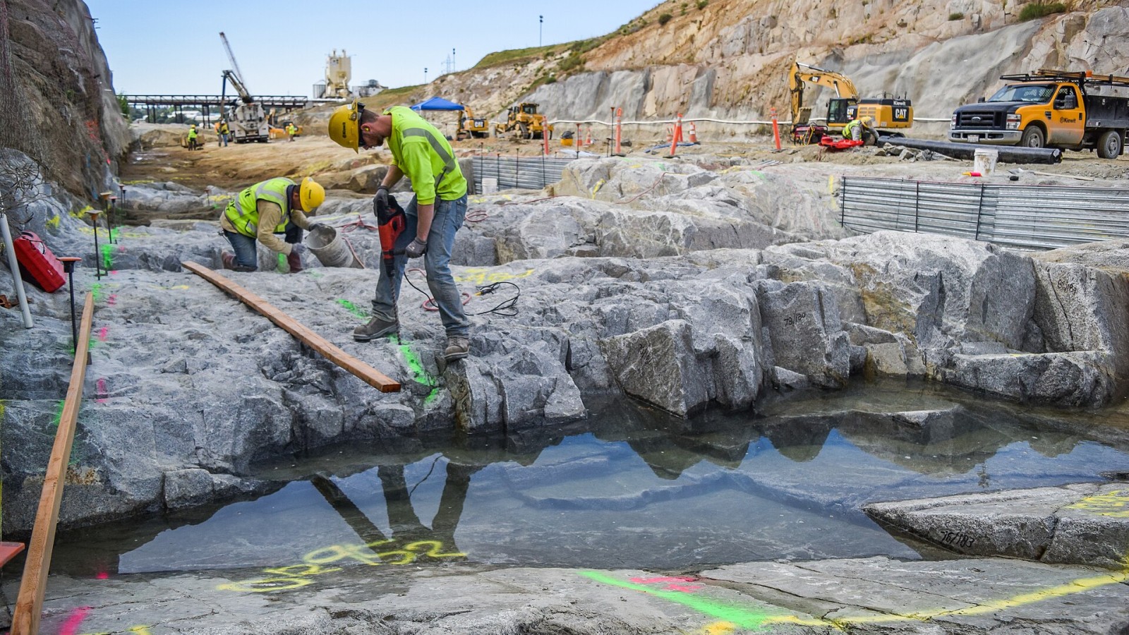Contractors insert steel rebar in preparation for concrete placement along the upper chute's foundation of the Folsom Dam auxiliary spillway project April 1, 2015 in Folsom, California. Concrete walls, steps and baffle b
