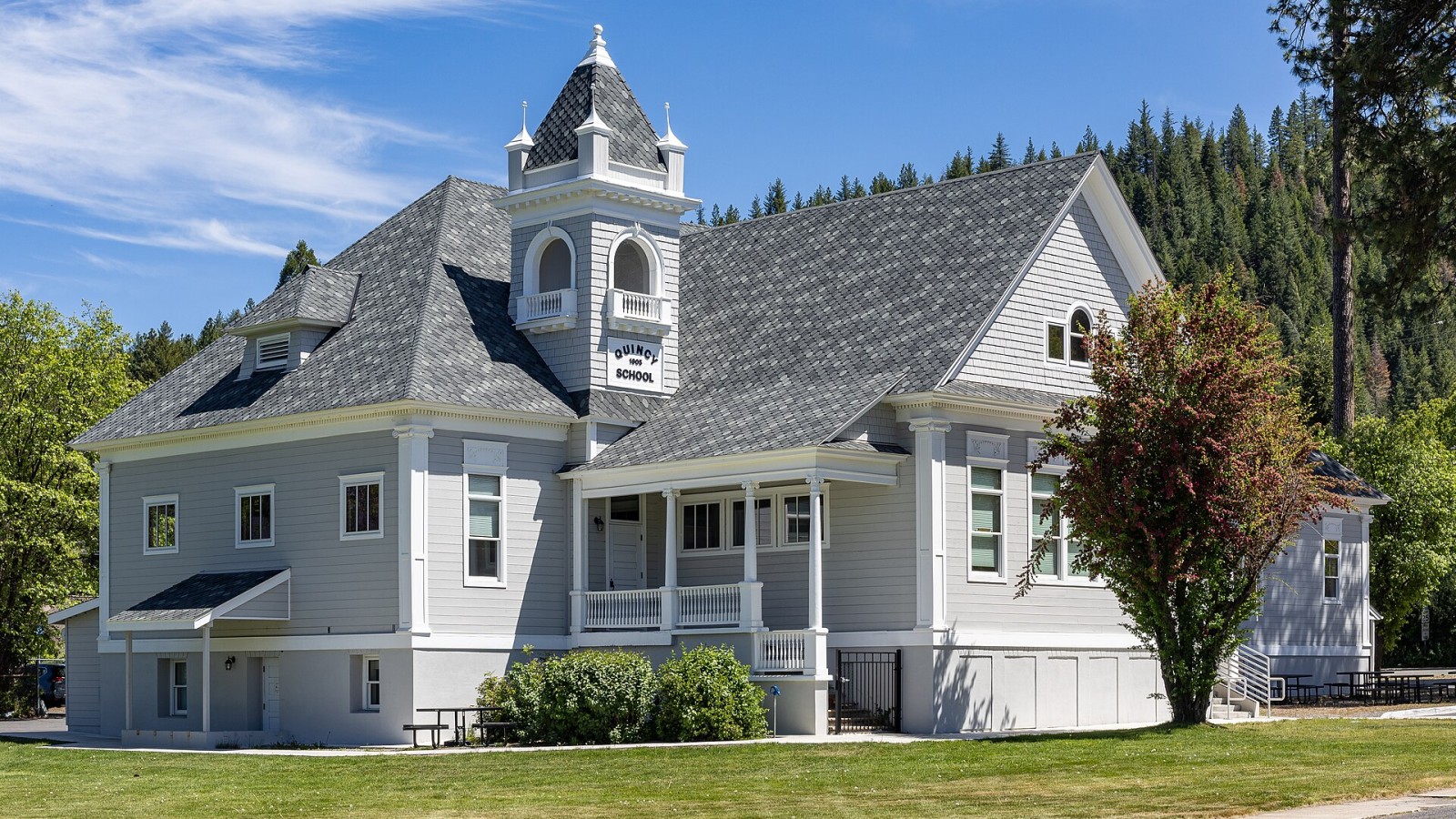 The 1905 historic schoolhouse (formerly “Quincy Grammar School”) in downtown Quincy, Plumas County, California. After 1950, the old schoolhouse provided offices and storage space for the Plumas United School District and