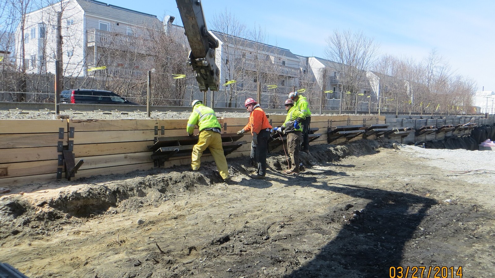 2014_03_27_Retaining Wall Extension Temporary Support of Excavation Progress_South of Harvard Street Bridge (Medford) looking NW