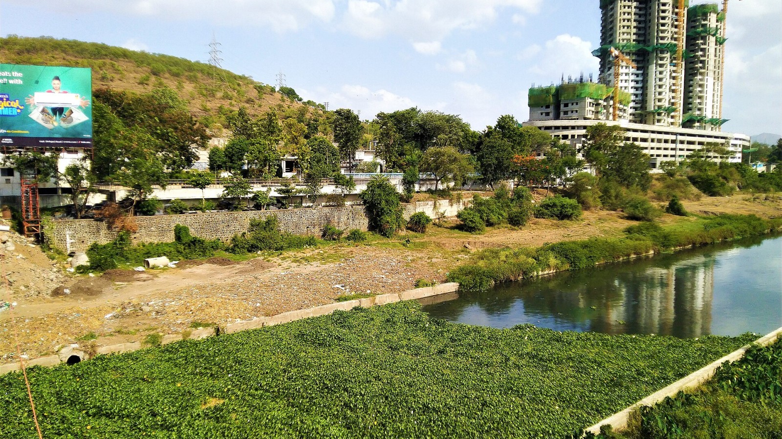 STP (left), residential building construction (right), and Mutha River clogged with water hyacinth as seen from Rajaram Bridge in Pune