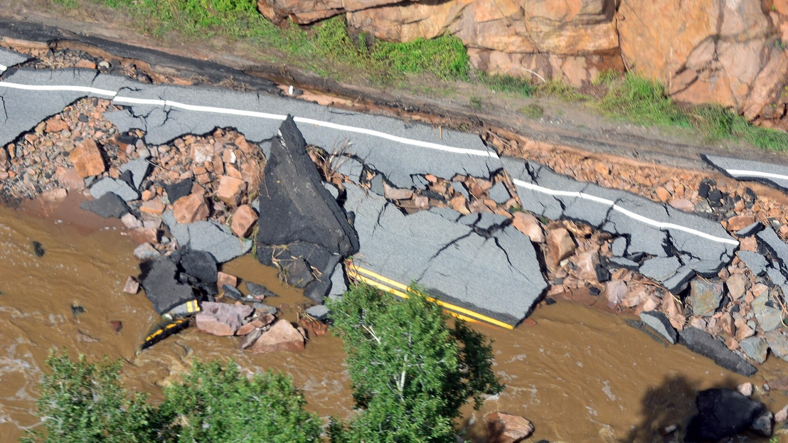 A view of state infrastructure destroyed by heavy rains, with some areas receiving as much as 18 inches in a 24-hour period, during flood rescue and recovery operations in Boulder, Colo., Sept. 16, 2013. U.S. Soldiers wi