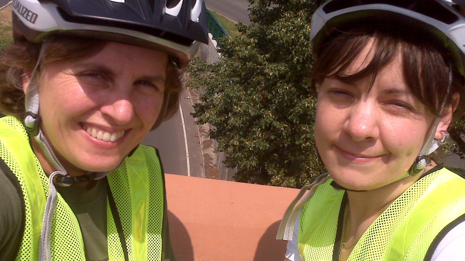 MassDOT Highway Administrator Luisa Paiewonsky, left, and Amy Getchell, a MassDOT engineer, are on the Fiedler Overpass on their way to ride the Longfellow Bridge to check cycling conditions. They are on the Longfellow B