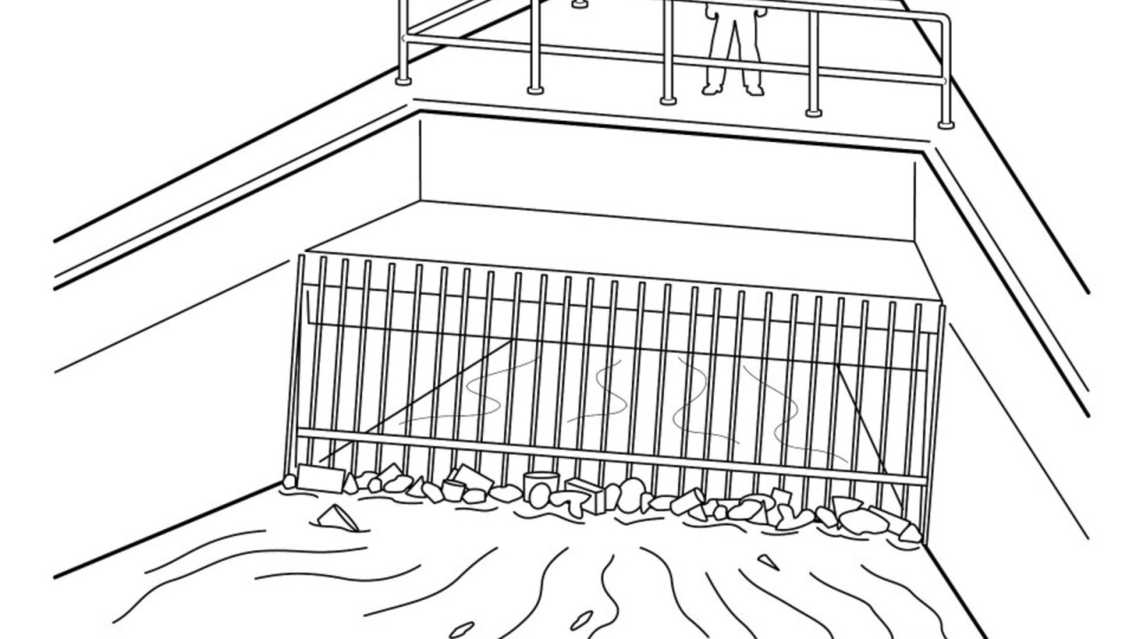 A physical grate is used to block large objects from entering the wastewater treatment plant.