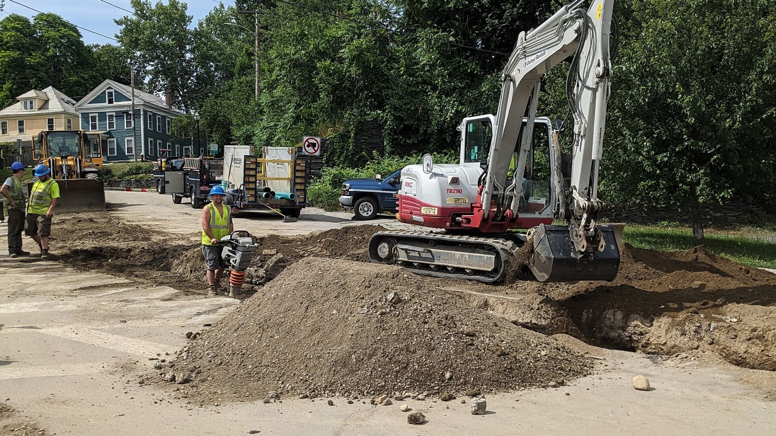 Road construction at Church and Elliot Streets in downtown Brattleboro, Vermont.