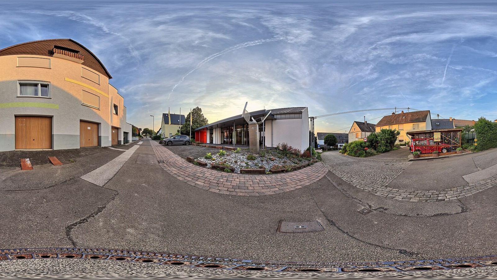 Urbar, Rhein-Hunsrück/Rhineland-Palatinate 2025: 360°×180° spherical panorama in front of the community centre Winzerkeller an der Weinstraße 7 - the village community centre was extensively rebuilt and renovated and com