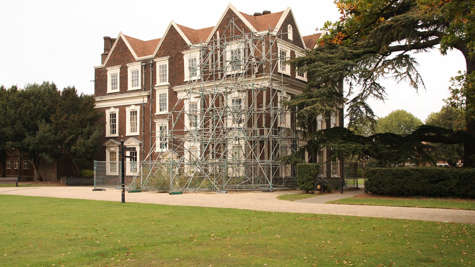 Boston Manor House, south west corner with its long term 'temporary' supporting scaffolding. Currently on the English Heritage at Risk Register. Basic repair work to this building estimated to cost a minimum of £1.3M. Ow