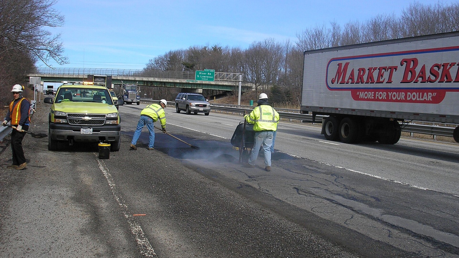 MassDOT crew repairs potholes on Interstate 93 southbound near River Road in the Andover/Methuen area. Pothole season is here, and MassDOT crews are out every day this time of year, repairing potholes that can damage veh