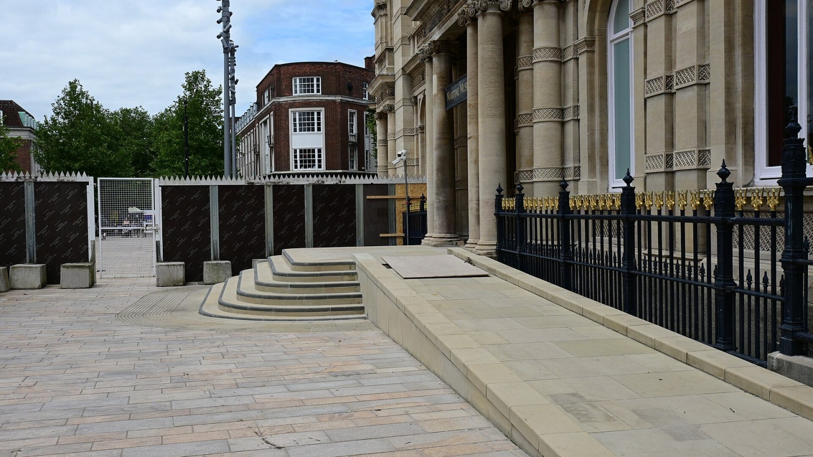 A new wheelchair ramp installed at the main entrance of the Hull Maritime Museum in Kingston upon Hull, currently in the late stages of renovations for the Maritime City project. Most construction barriers around the fro