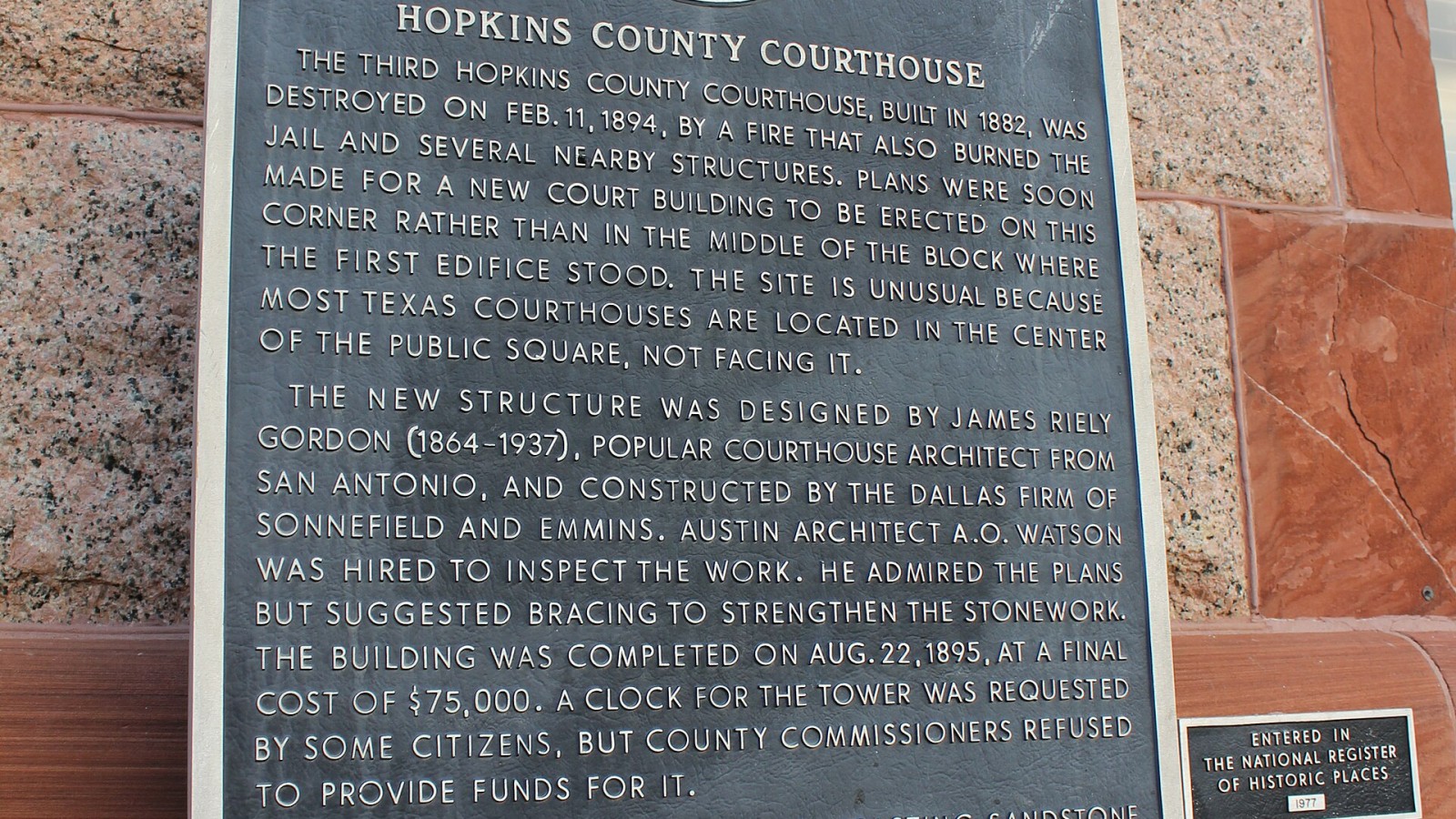 The third Hopkins County Courthouse, built in 1882, was destroyed on Feb. 11, 1894 by a fire that also burned the jail and several nearby structures. Plans were soon made for a new court building to be erected on this co