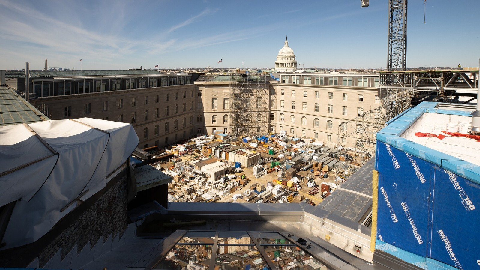 Construction work continues in the Cannon House Office Building's south wing. Phase 4 of the Cannon Renewal Project began in January 2023 and is scheduled to be complete in December 2024. The entire south side of the bui