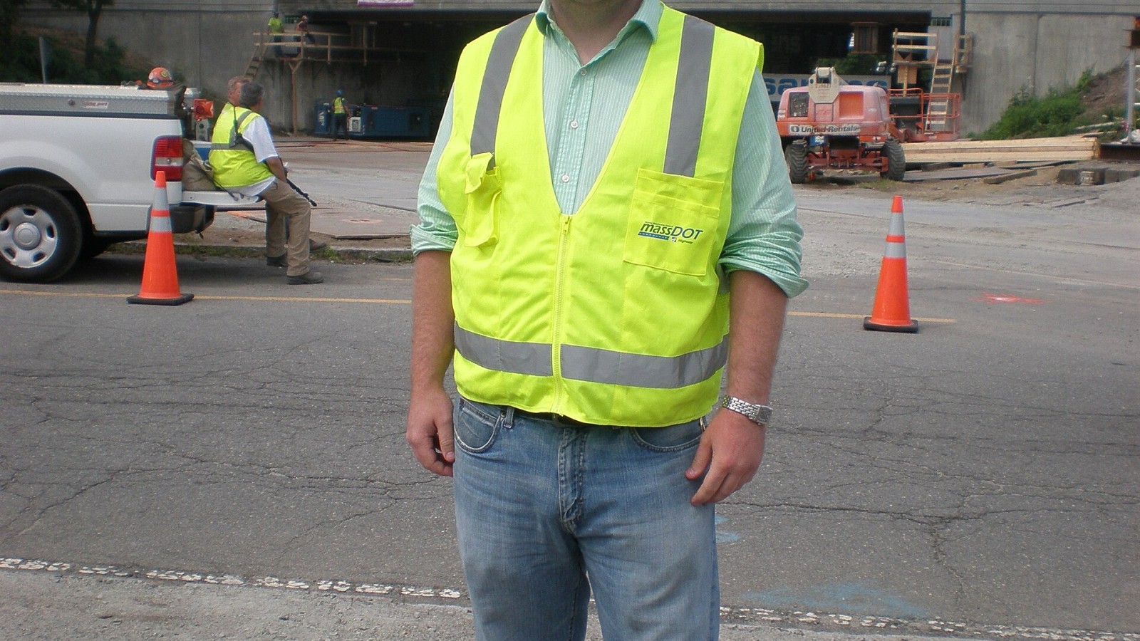 Resident Engineer Brian Kelleher in front of the new Cedar Street over Route 9 Bridge in Wellesley, Mass. Crews worked throughout the weekend to replace the bridge, which was carried into place with special machines call