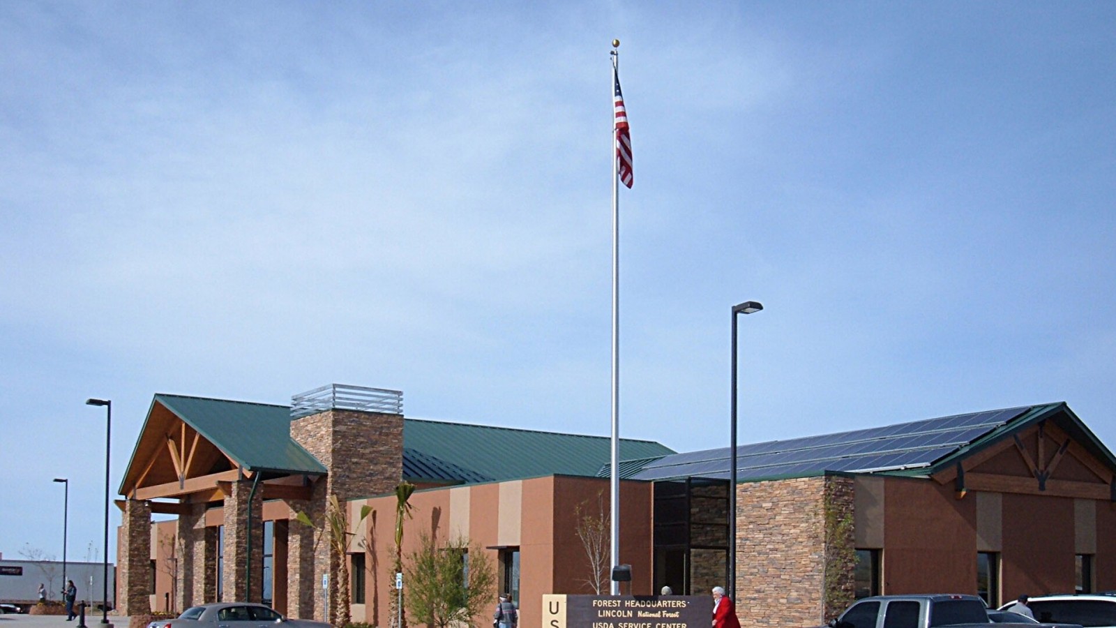 Lincoln National Forest headquarters building, located at 3463 Las Palomas Road in Alamogordo, New Mexico. The building, completed in September 2008, was designed to be especially energy-efficient. The exterior walls are