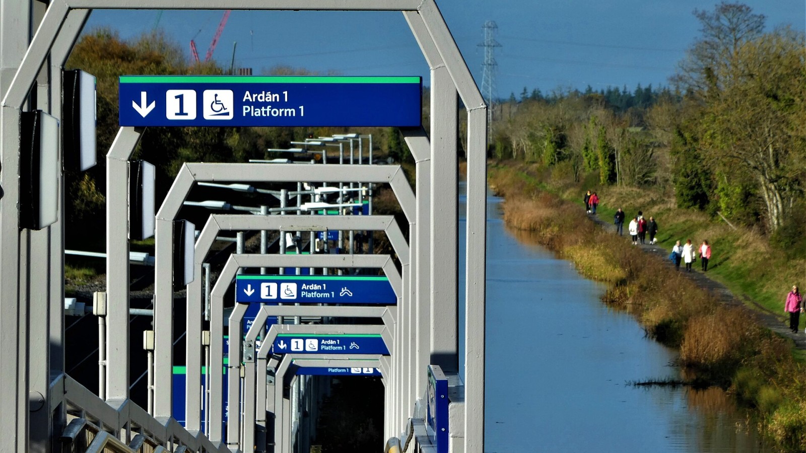 Wheelchair accessible ramp at Confey Railway Station,(in which 'Ardán' means 'Platform' in Irish), with the Royal Canal in the background.