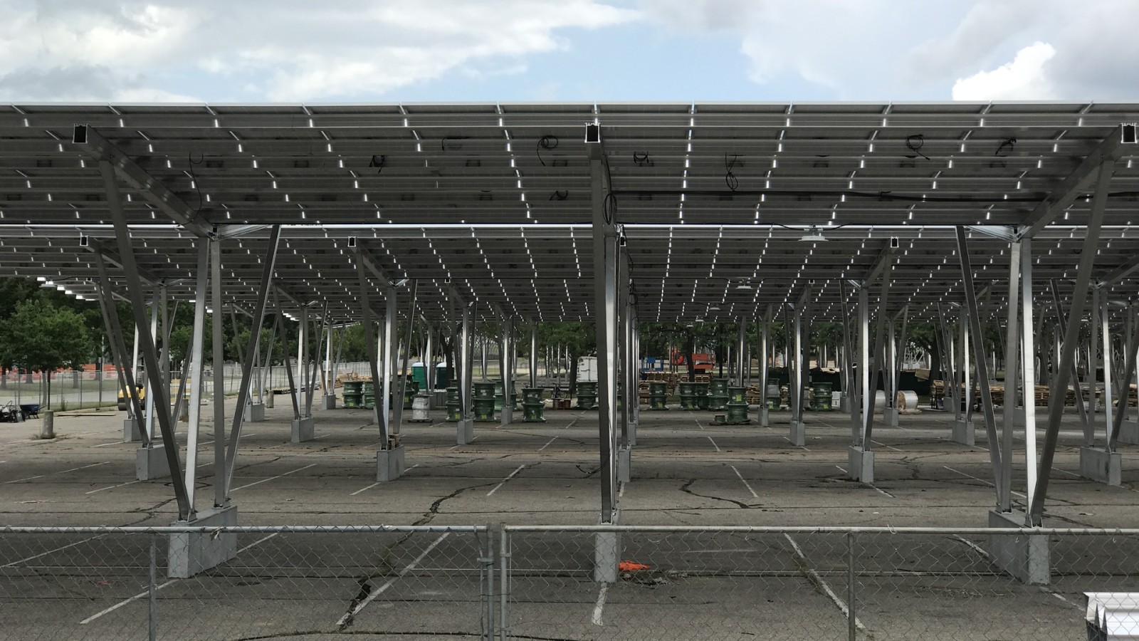 Solar carports under construction at Michigan State University.