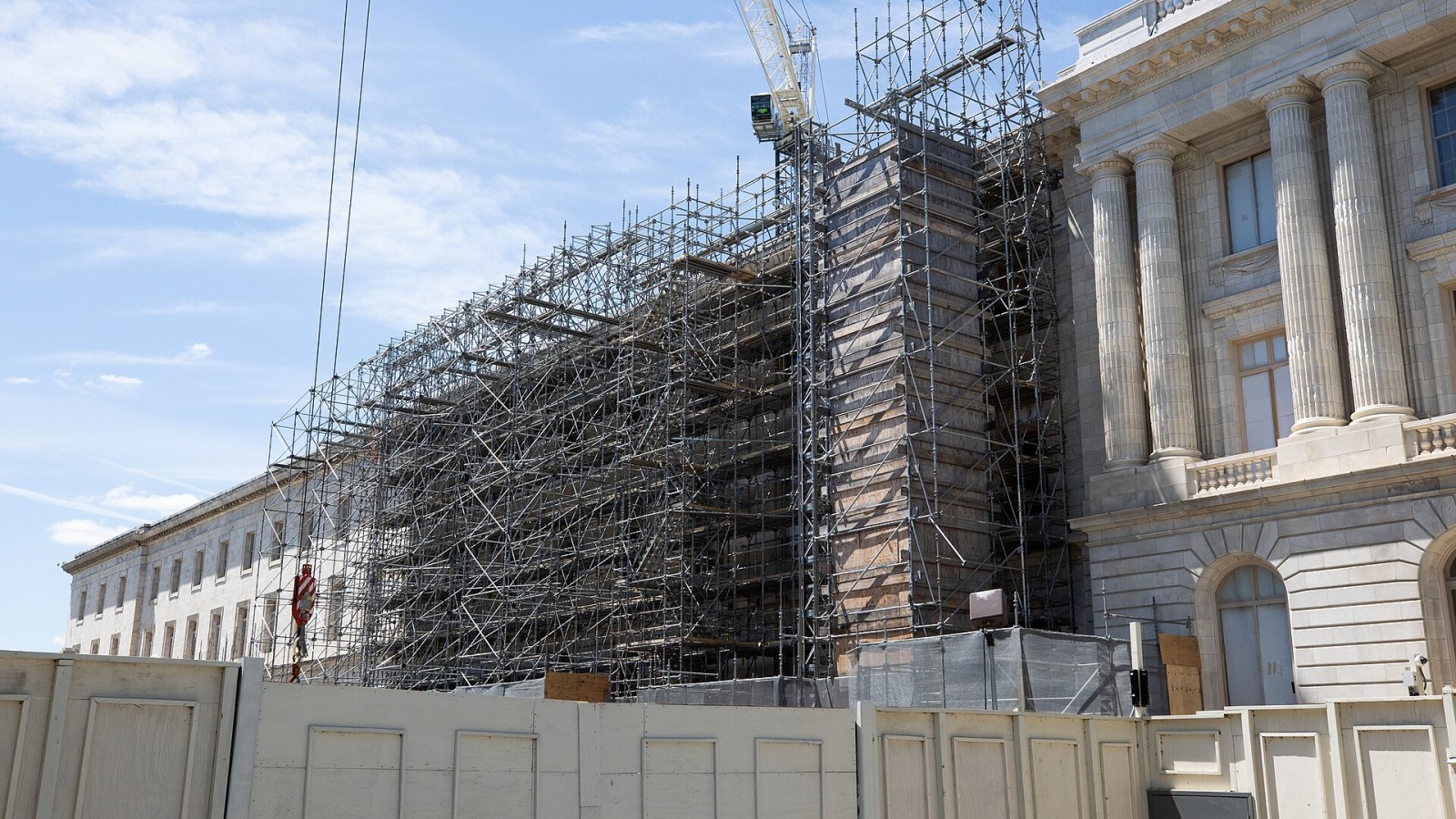 Construction work continues in the Cannon House Office Building's east wing. Phase 3 of the Cannon Renewal Project began in January 2021 and is scheduled to be complete in December 2022. The entire east side of the build