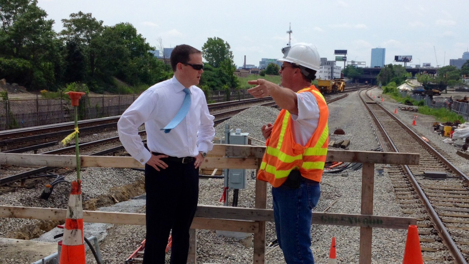 MassDOT Secretary Davey viewing construction progress at Assembly station in July 2014